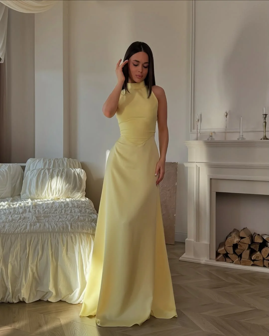 

Design Simple Yellow Halter Long Evening Dress Elegant Slim Party dress Wedding Formal Occasion vestidos de novia