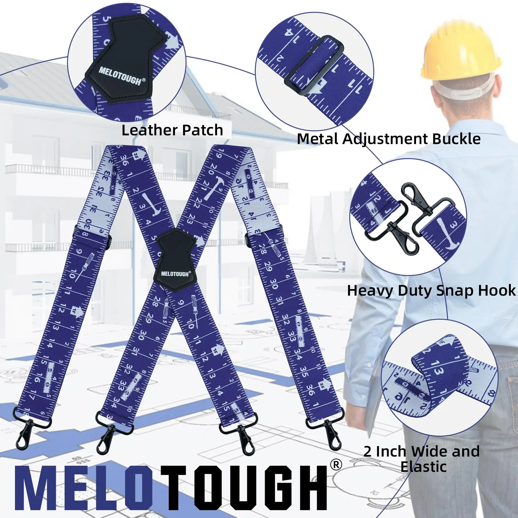 MELOTOUGH 남성용 완전 탄성 멜빵, 2 인치 와이드 서스펜더, 헤비 듀티 X 백 워크 서스펜더, 청바지용 블루 룰