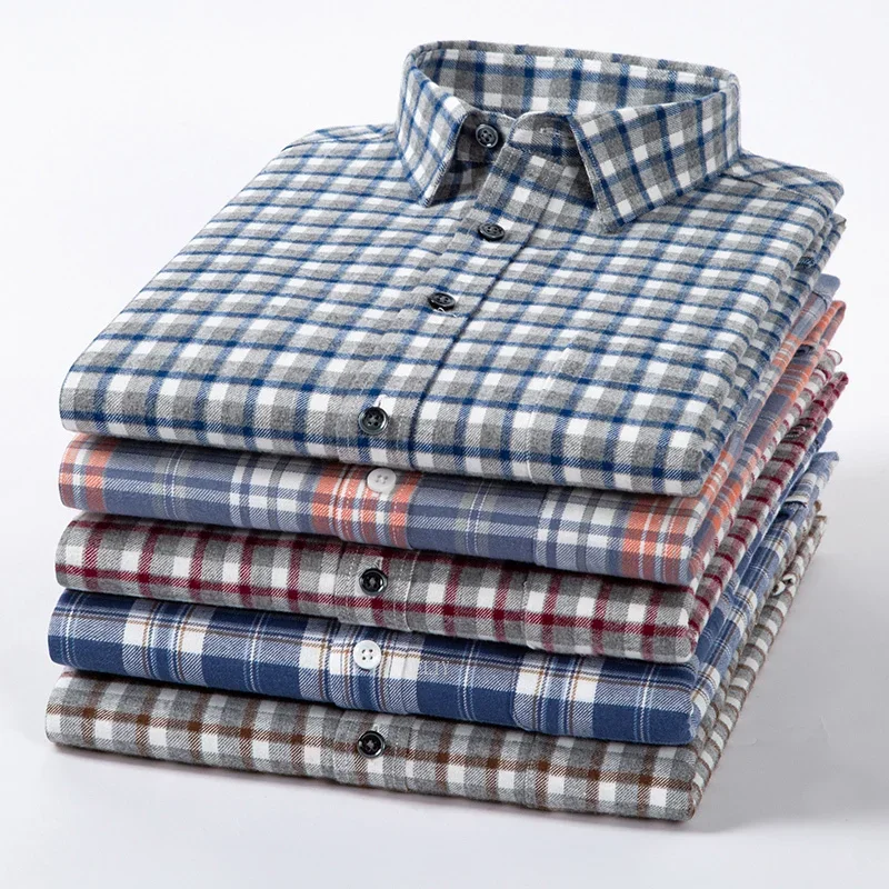 2024 Men Checkered Brushed Fabric Square Collar Regular Fit  Pure Cotton Long Sleeve Shirt for Comfortable Business Causal New