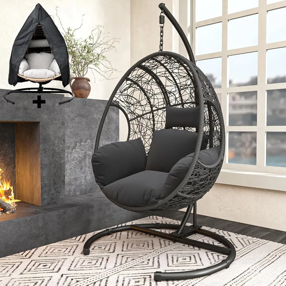 Oversized Hanging Egg Chair Outdoor Wicker Swing Chair with Stand Rain Cover UV Resistant Cushion 400lbs Capacity