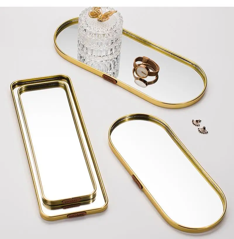 

Nordic Glass Mirror Storage Tray Decoration Rectangular Golden Retro Tabletop Jewelry Ring Display Home Tea