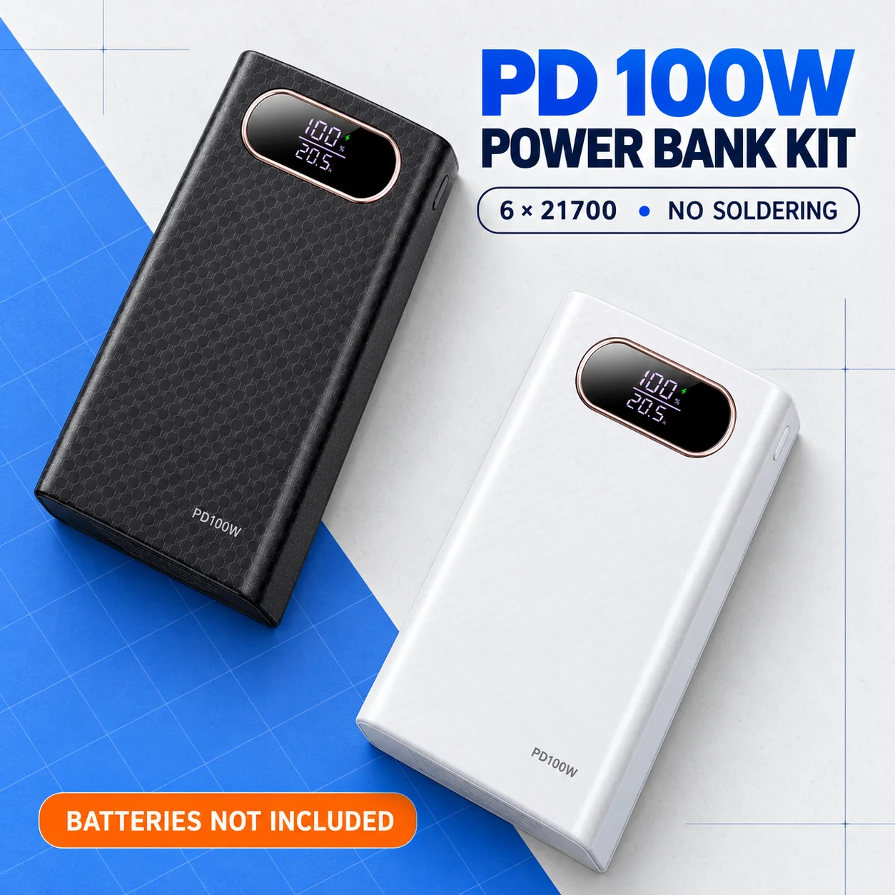 21700 Battery Box Shell PD100W 6‑Slot DIY Power Bank Case 20V 5A USB‑C Fast Charging No‑Solder For Portable Electronic DIY Build