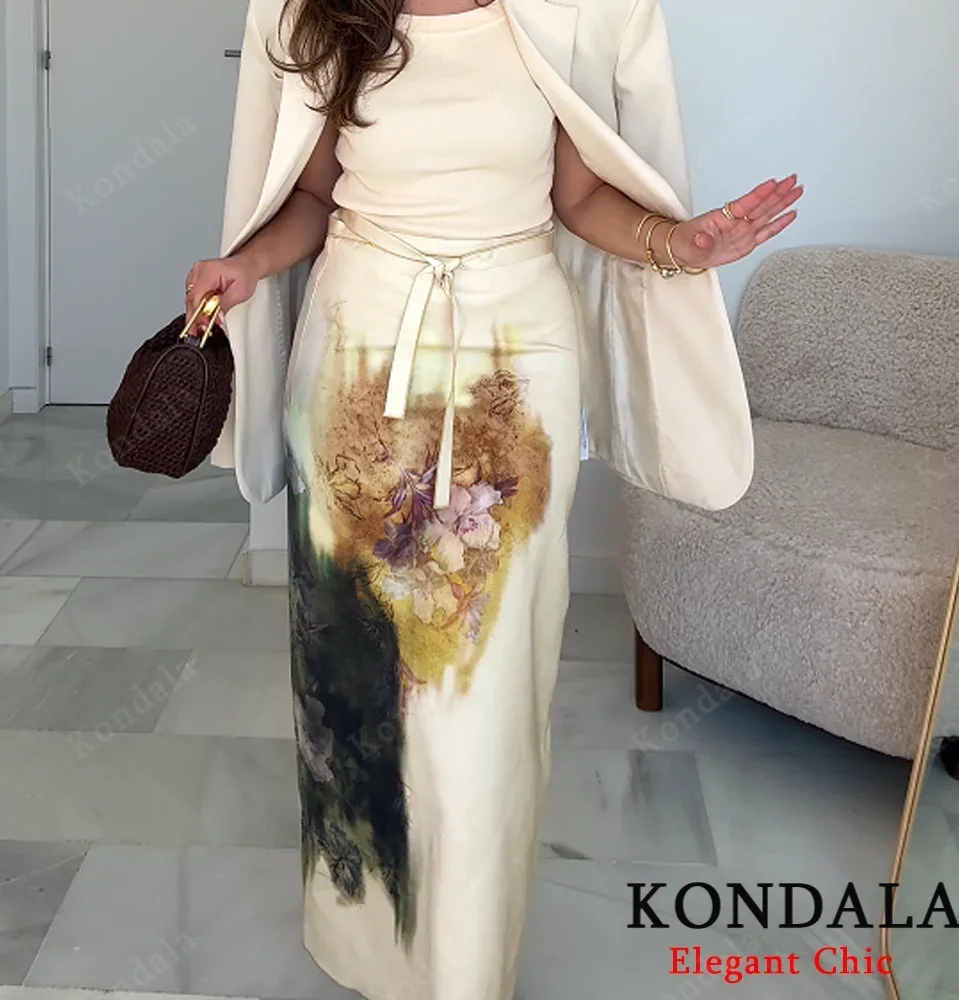 

KONDALA-Women Elegant Print Midi Skirt Belted Yellow Skirt 2025 New Spring/Fall Fashion Holiday Beach Wedding Guest Party Skirt