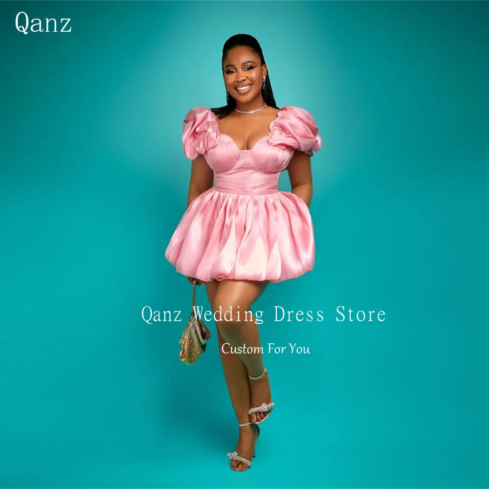 

Qanz Pink Cap Sleeves Prom Dress Short A Line Satin Graduation Dress Girls Teen Mini Puffy Cocktail Parties Gonw Customized