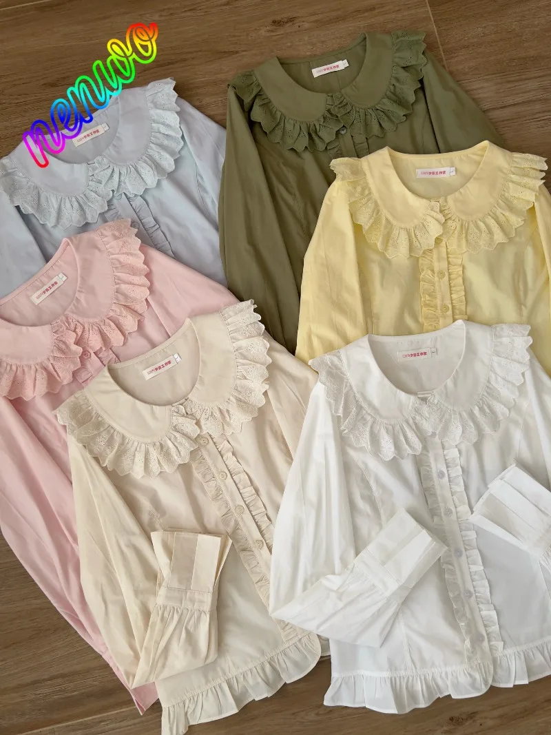 

Vintage Sweet Lolita Style Shirts Women Kawaii Ruffes Peter Pan Collar Long Sleeves Blouses Female Japanese Princess Loose Tops