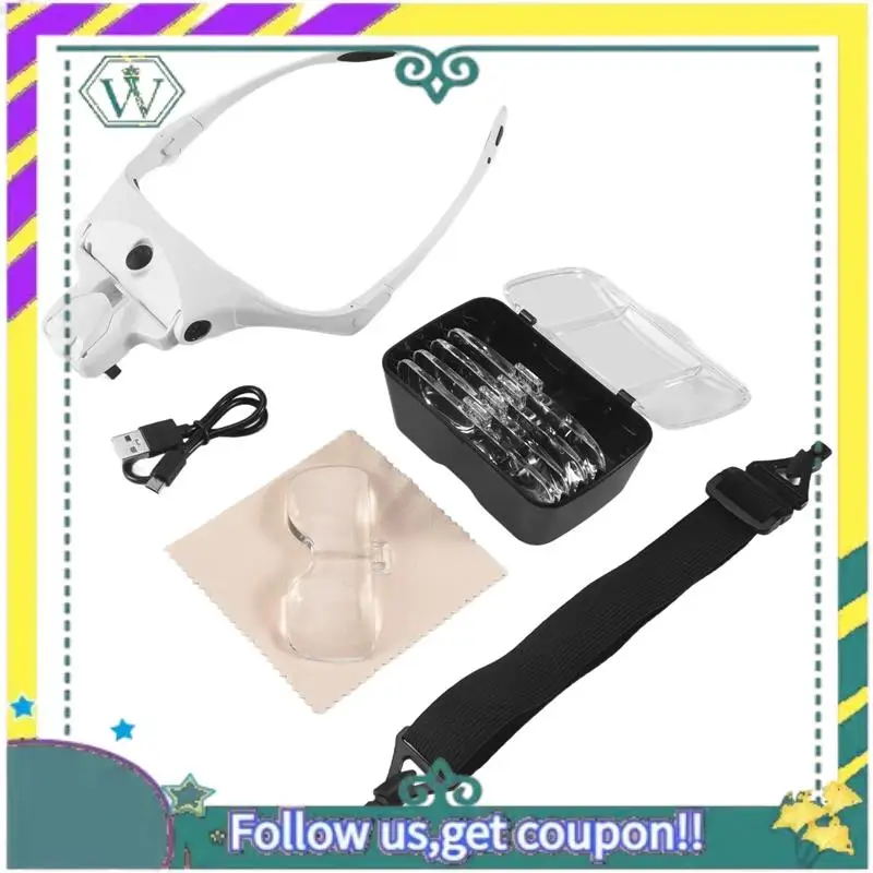 

НОВОЕ увеличительное стекло с повязкой на голову без помощи рук, лупа с зарядкой через USB и светодиодной подсветкой, ювелирные изделия, часы для хобби, 5 линз 1,0X 1,5