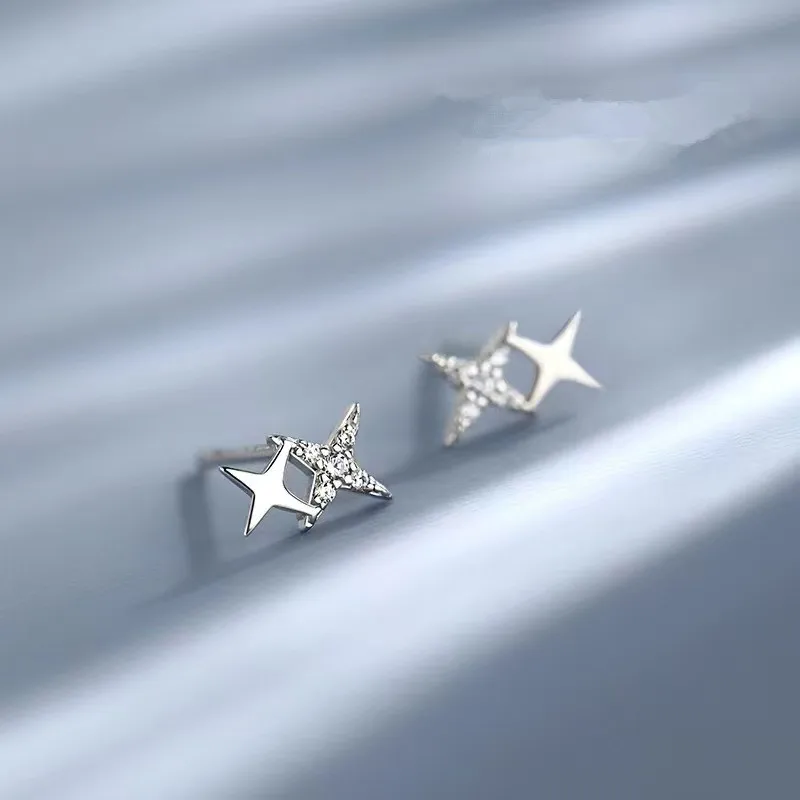 925 Sterling Silver Plated 14K Gold Stud Earrings Women Radiance Four Corner Small Stars Zircon Temperament INS Trendy Jewelry