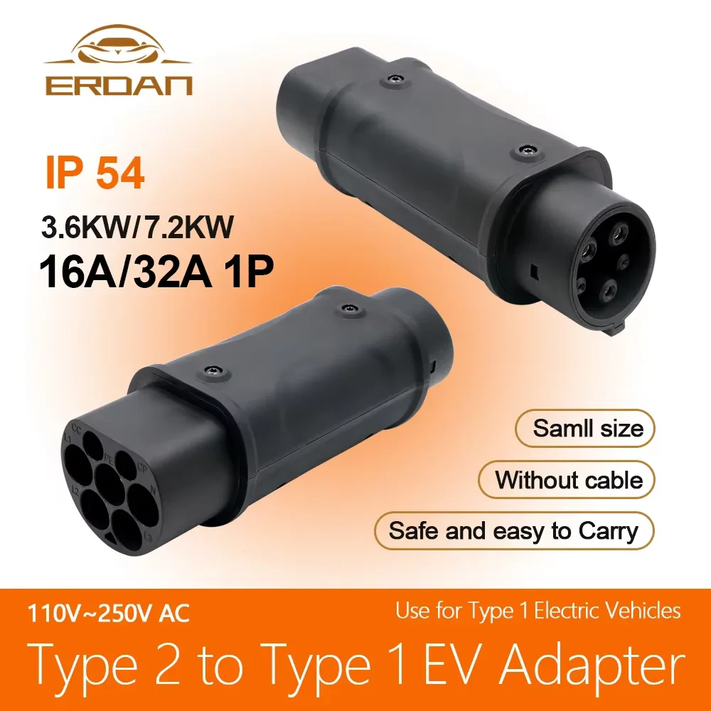 ERDAN 32A 1 fase 7.2kw EV adaptador de cargador J1772 a IEC62196 adaptador Type2 a Type1 conector de carga de vehículo eléctrico