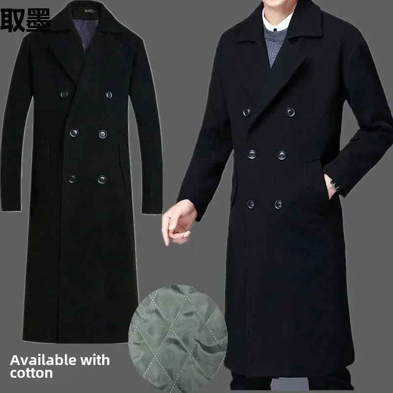 Men's Long Windbreaker Autumn/Winter Woolen Overcoat Loose-Fit Collar Double Row Button Woolen Jacket Casual Scene