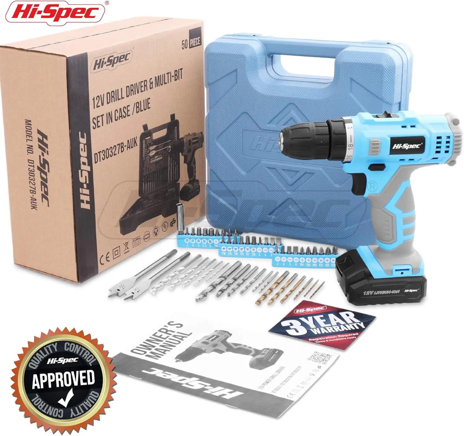 Hi-Spec 50pc 12V Cordless Power Drill Cordless for DIY Projects, Home Repair, and Professional Use Drill Driver Set .