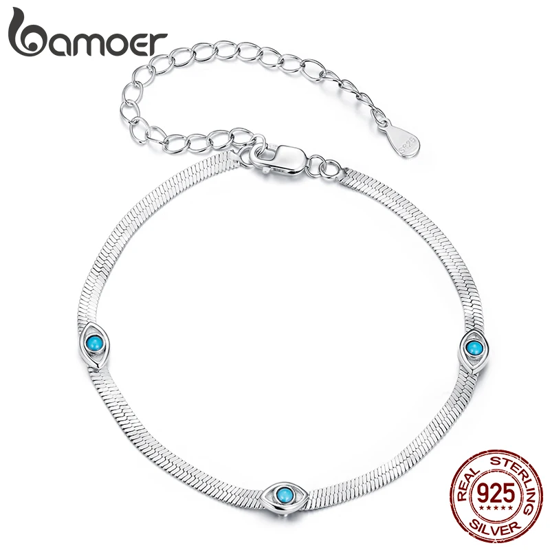 

Bamoer 925 Sterling Silver Devil's Eye Bracelets Wide Flat Snake Chain Turquoise Charm Bangle Adjustable for Women Retro Gift