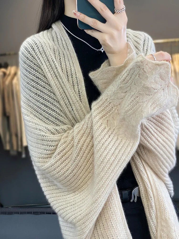 

Women 100% Merino Wool Shawl Cardigan Soft Wool Knitwear Hollow Out Grace Soft Shawl Sweater Spring Autumn Tops Clothing Scarf