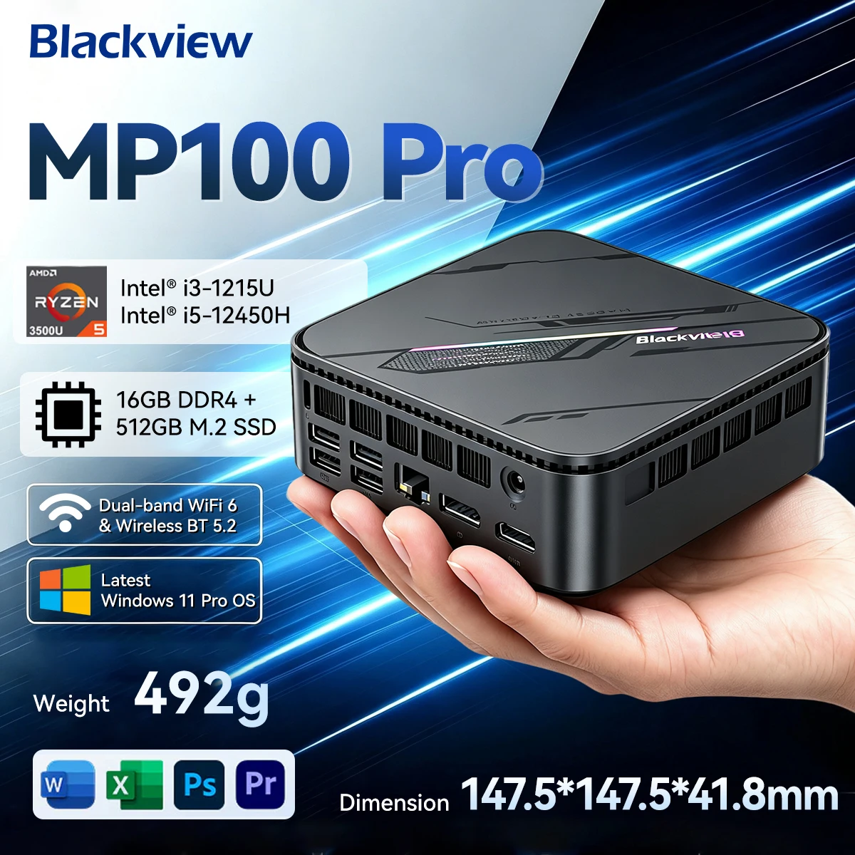 Business Mini-PC Blackview MP100 Pro, Windows 11 Pro, Zwei Prozessorvarianten Intel 12. Generation i3-1215U / i5-12450H, 16 GB DDR4-RAM, 512 GB M.2 NVMe SSD, WiFi 6, 4K-UHD-Videoausgabe, TPM 2.0