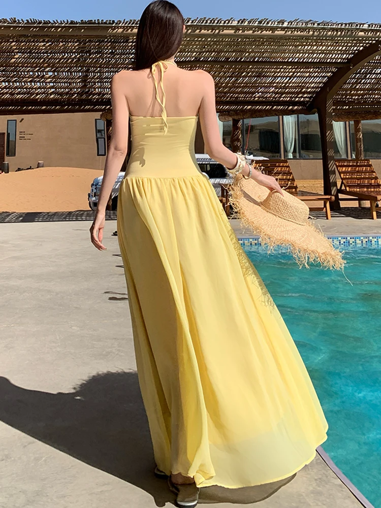 New Summer Boho Yellow Chiffon Dress Female V-Neck Backless Sexy Dress Elegant Fashion Slim Holiday Beach Long Dress