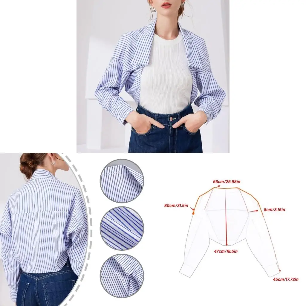 

Изысканные полосатые куртки с длинным рукавом отворотный воротник открытый передняя половина рубашки топ