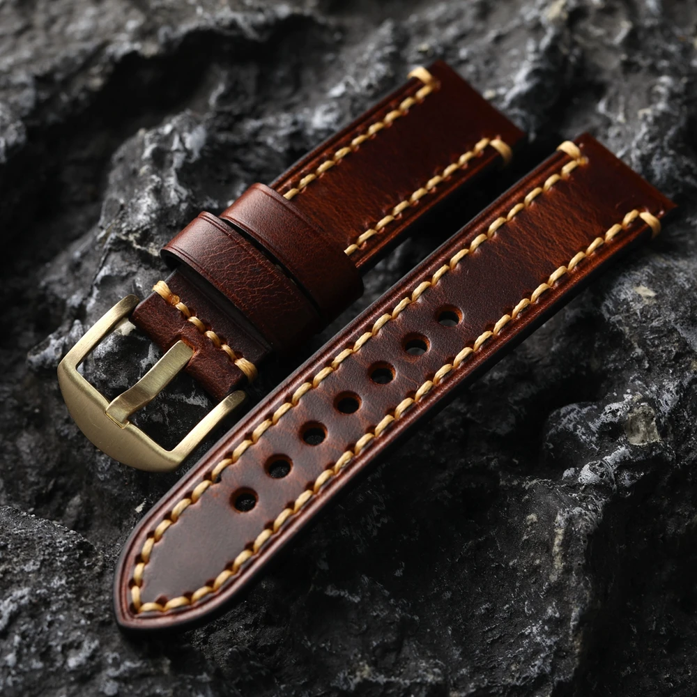 Handmade Italian Oil Waxed Leather Strap 20 22 24MM Bronze Watch Bracelet Vintage Style Brass Clasp Handmade Thickened Watchband