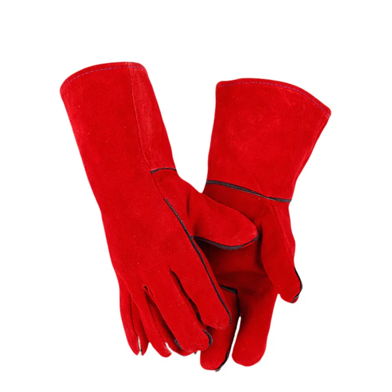 Leather Gloves Dark Red Fireplace Stove Cleaning Gloves Welds Seams Long-Lined Welding Glove Are Extremely Warm