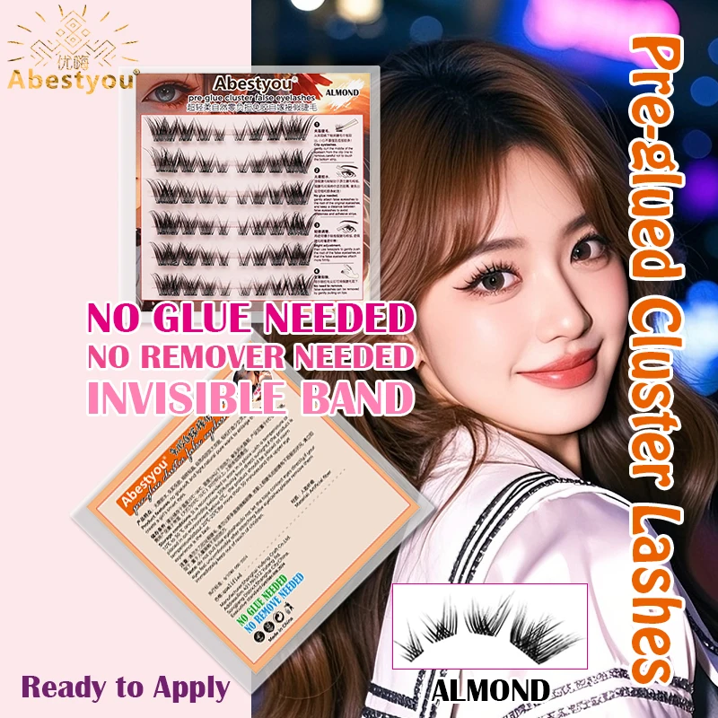 

Abestyou Pre-glued Ready to Wear Fox 3d Eyelashes No Glue Cat Eye Lashes Clusters Self Adhesive Water-proof Reusable Clear Band