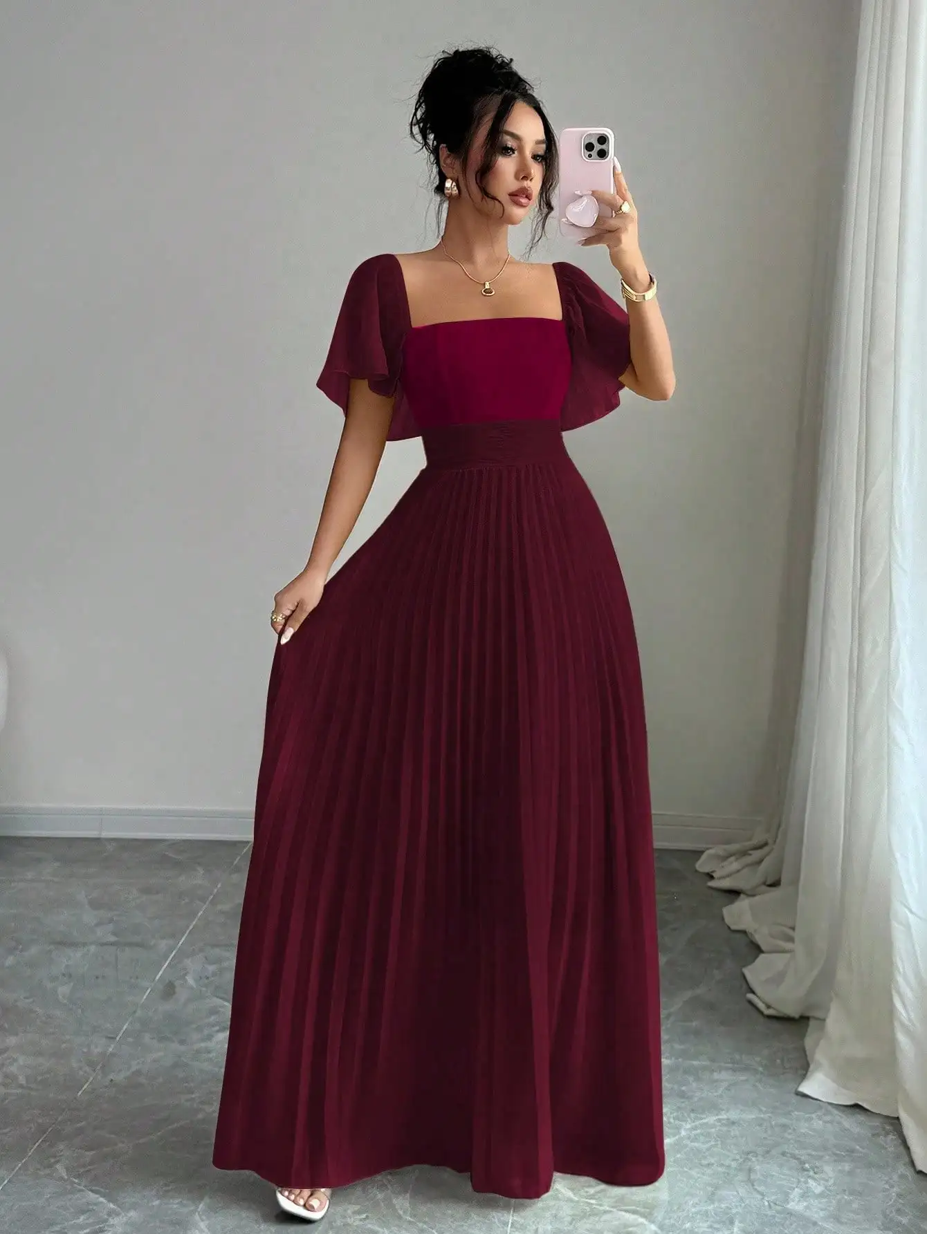 

Burgundy Square Neck Pleated Maxi Dress with Ruffle Sleeves