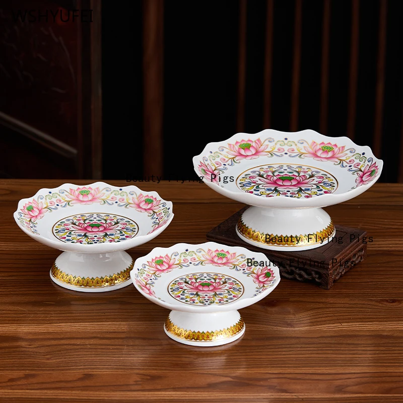 Ceramic Buddha Front Tribute Plate Lotus Tribute Plate Household Tribute Plate Sacrificial Fruit Plates Buddhist Hall Supplies