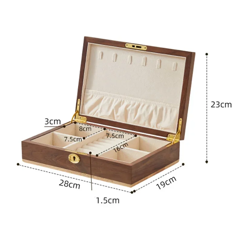 Walnut Wood Jewelry Box with Lock Large Capacity Necklace Earring Ring Storage Light Luxury Storage Box Exquisite Display Cases