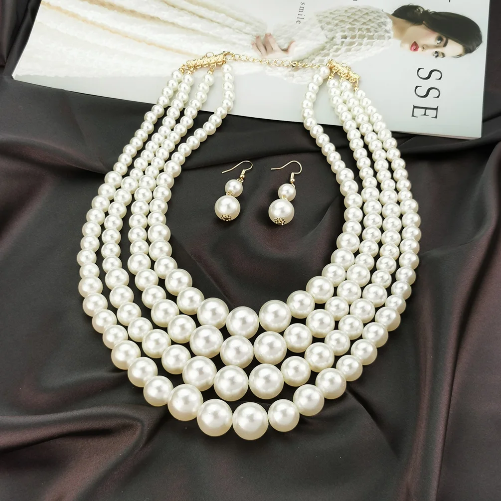 Layered Imitation Pearl Necklaces Sets For Women Handmade Beaded Chain Necklace Earrings Fashion Jewelry Set Charm Accesories