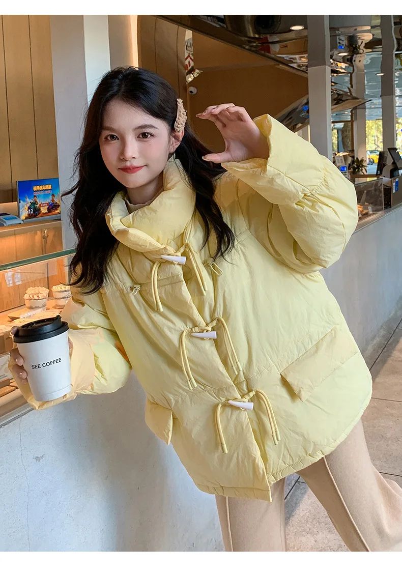 Korean Sweet Short Down Cotton Jacket for Women Stand Collar Toggle Button Puffer Parkas Woman Loose Candy Color Padded Jacket