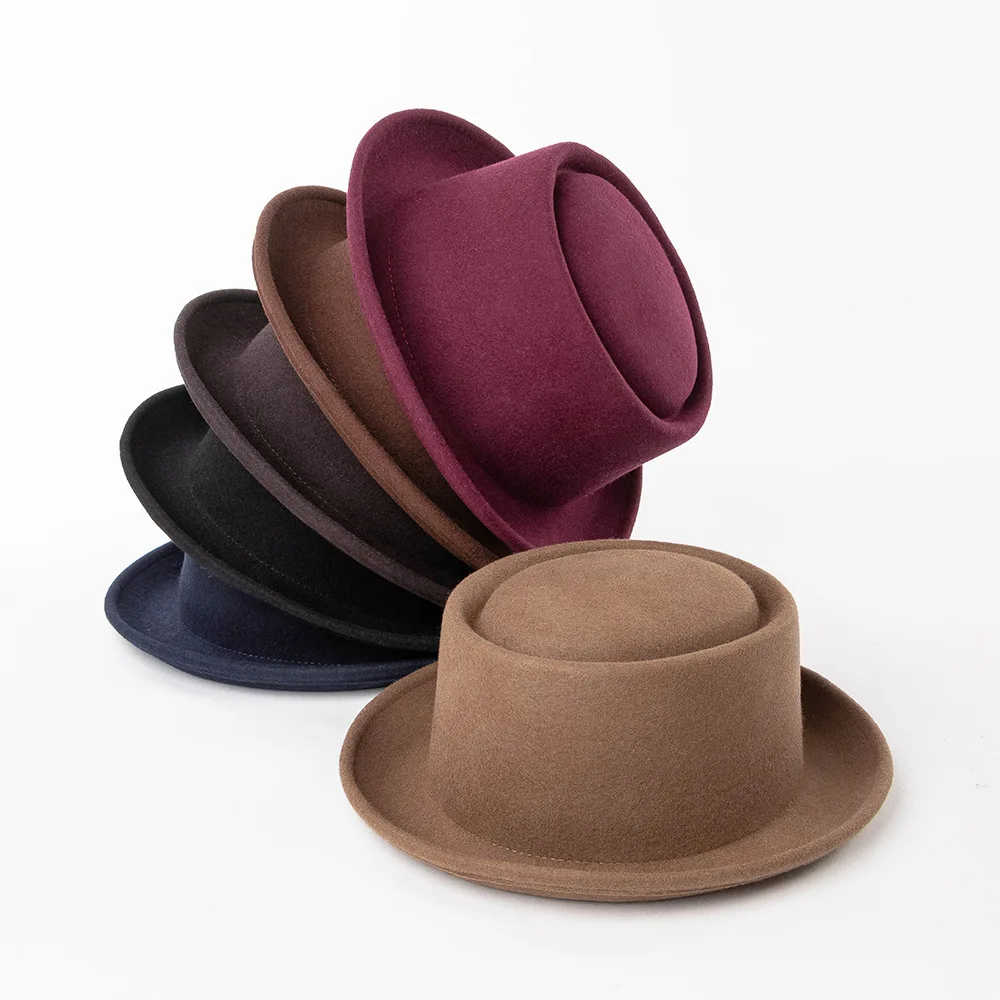 British Casual Fashion Pork Pie Style Short Brim Wool Hat Outdoor Warm Felt Hat
