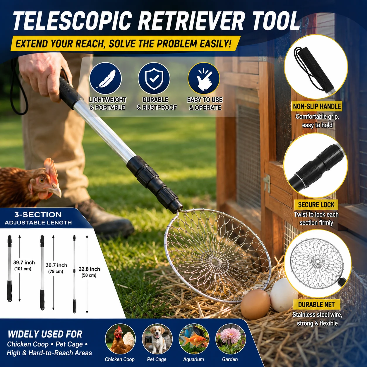 Telescoping Egg Grabber 3 Section Adjustable Stainless Steel Egg Picker Upper Chicken Coop Egg Retriever Pole Long Reach Egg
