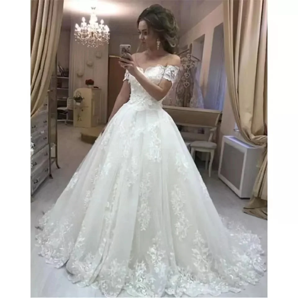 

Simple A-line White Lace Appliques Off The Shoulder Wedding Dresses Custom Made Plus Size Bridal Gown 2022