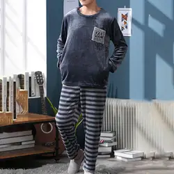 Easy to Wear Pajamas Men's Winter Pajamas Set with Round Neck Long Sleeve Elastic Waist Soft Pockets Cozy Homewear for Cold