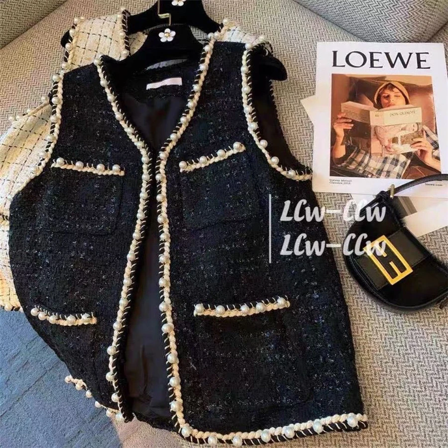 Chic Pearl Buckle gilet donna misto lana giacca senza maniche coreano Chaleco lana primavera autunno Vintage Tweed Plaid Vest nuovo