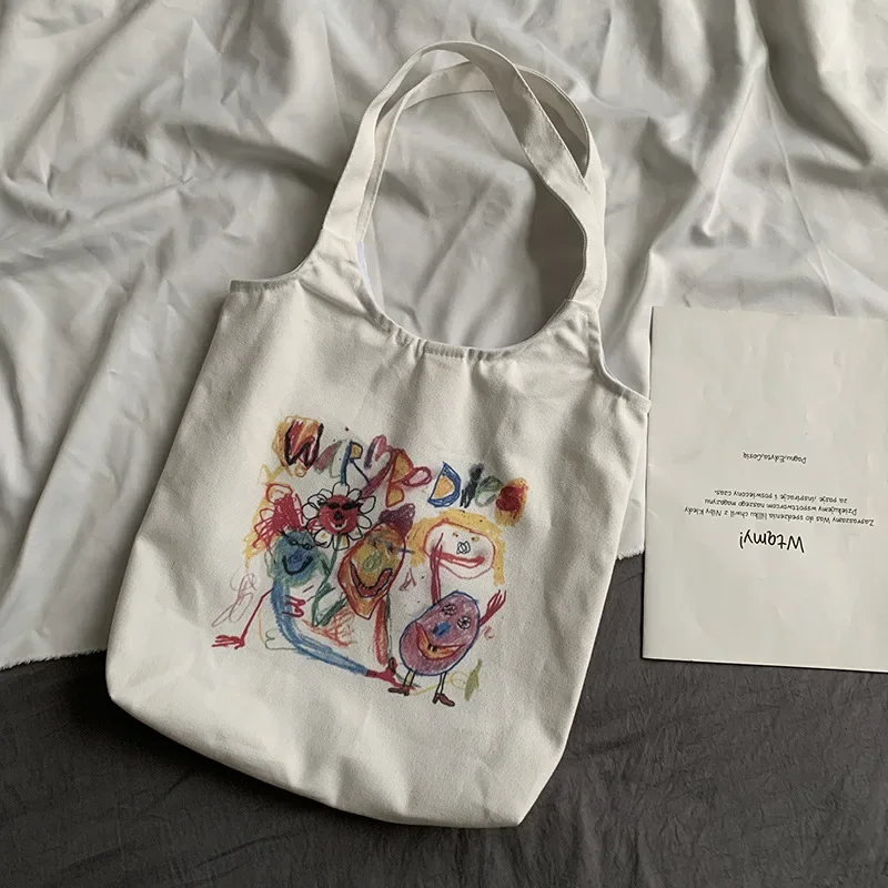 

Women's Eco-Friendly Cotton Tote Bag - Cute Cartoon Print Shopper, Spacious Canvas Shoulder Bag for Ladies & Students