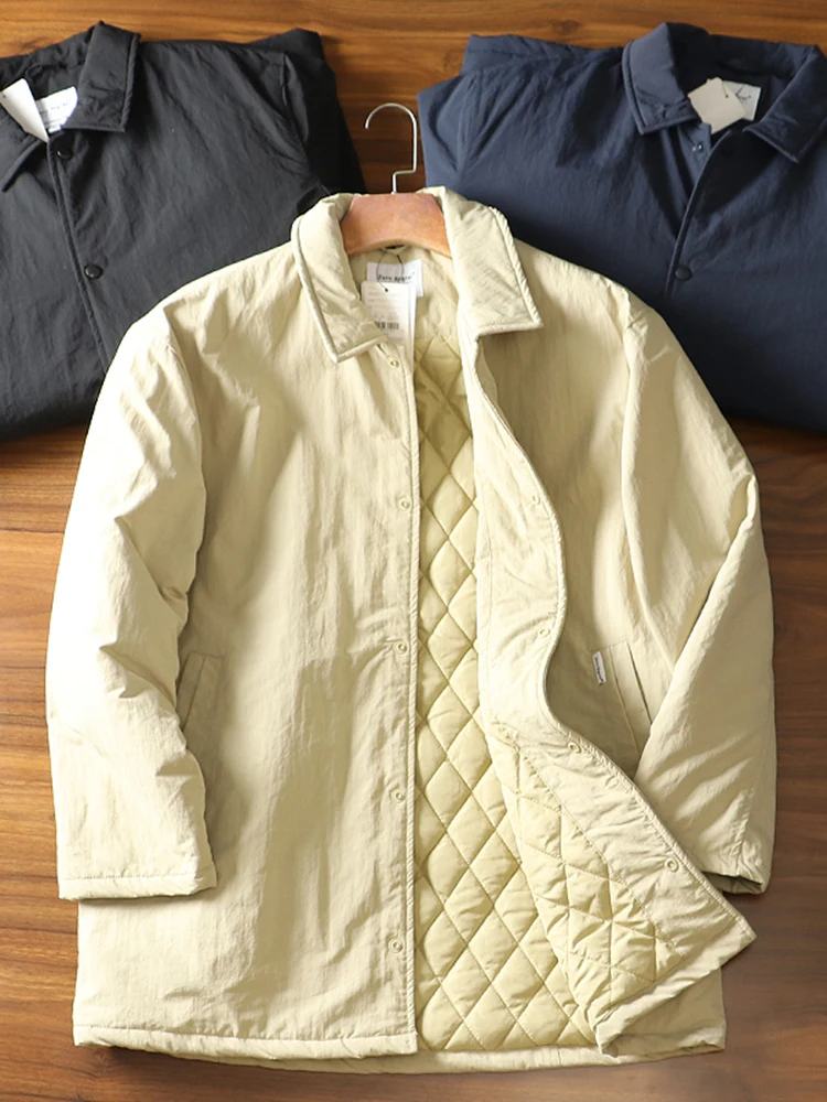 Retro Harajuku Men's Jacket Loose Long Lapel Cotton Padded Warm Coat Casual Thickened Youth Popular Style Pure Color Button C...