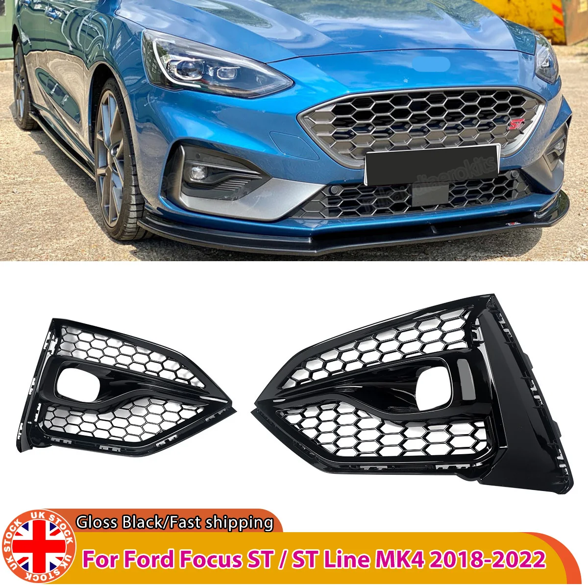 Glänzend Schwarze Nebelscheinwerfer-Abdeckung Grill Lampenabdeckungen Für Ford Focus ST Line MK4 2018~2021 Wabenförmiger Frontstoßfänger Für Schrägheck- und Kombiwagen Grillgitter