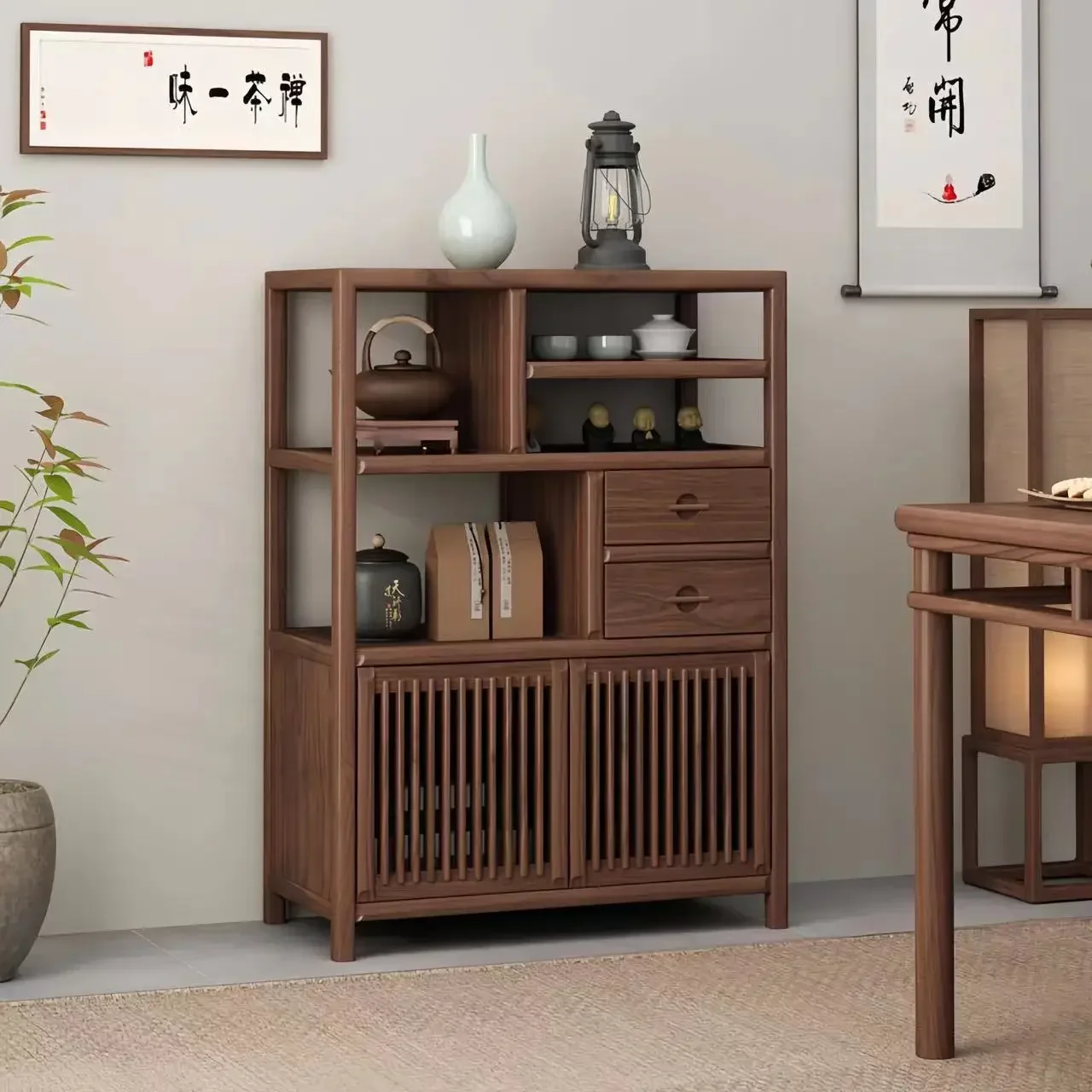 New solid wood black walnut side cabinet Duobao storage display  bookshelf