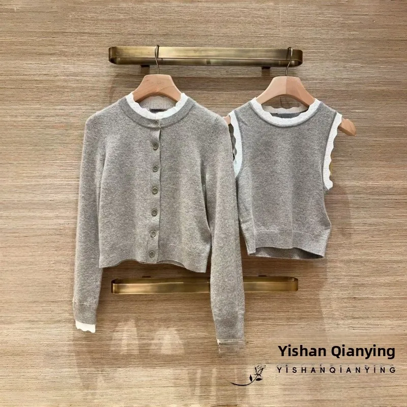 

Милый съемный вязаный кардиган со съемным кружевным воротником, жилет-конверт f, юбка, осень-зима 2025 Faion, женская одежда