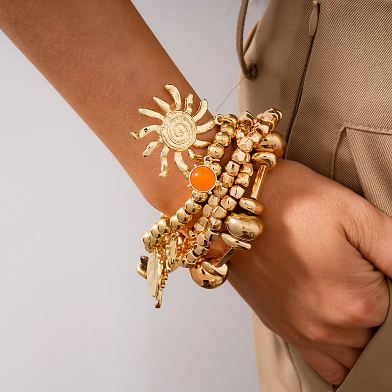 Bohemian Gold Sun Multi-layered Bracelet Set Chunky Beaded Chain Charm Bracelets for Women Party Vacation
