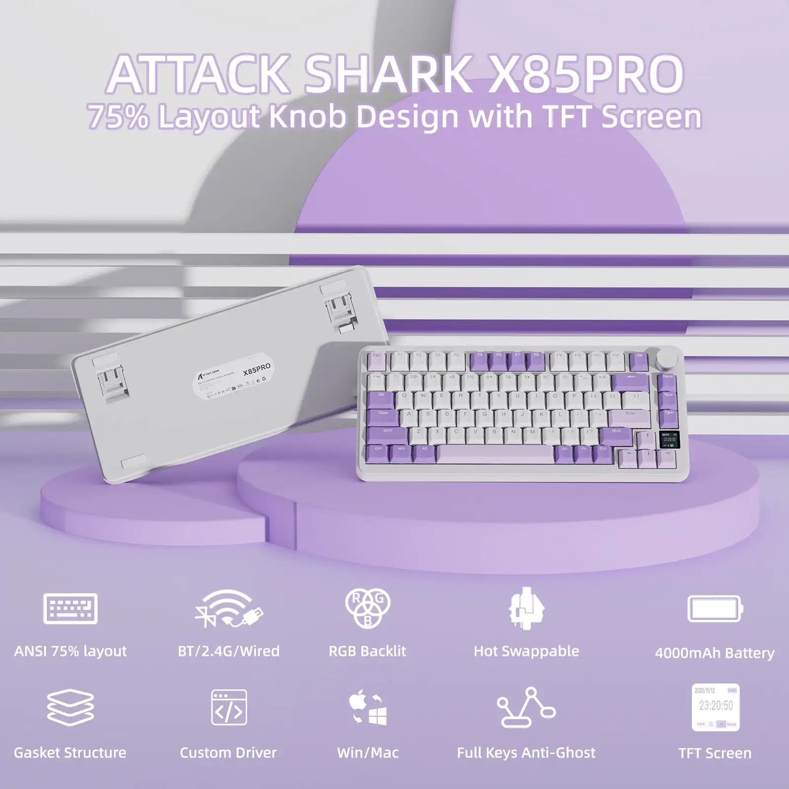 

Attack Shark X85PRO 75% Tri Mode Mechanical Keyboard Smart Color Screen 4000mAh Large Battery Gasket Mount Full Key HotSwap RGB​