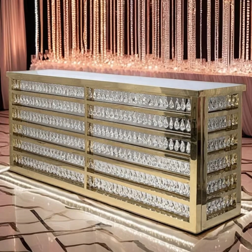 Luxury Crystal Bar Counter with Commercial Glass Top Rectangle Wedding Decor Pattern Home Hotel Bar Tables Made Stainless Steel