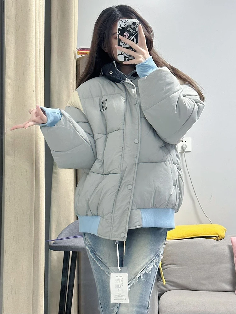 

KING BRAND Thiened Patchwork Stand Collar down Jaet Loose Bread Sle Outerwear for Couples Trendy Streetwear Winter Coat