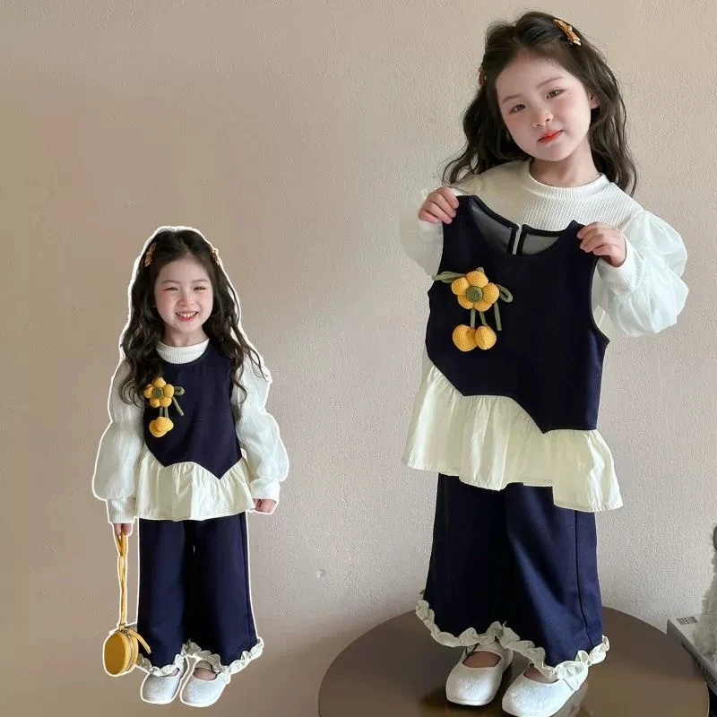 Girls Set 2026 Autumn Winter New Girl Baby Princess Vest Lace Pants Base Shirt Three Piece Set