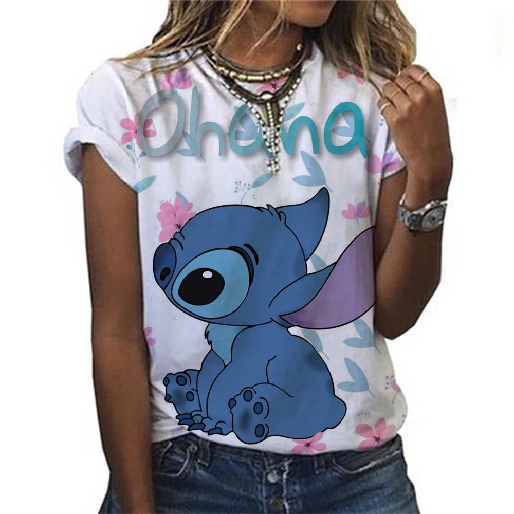 2025 Kawaii Lilo Stitch Print T-shirts Tops for Women Lady Summer Children T-shirts Casual O-neck Ohana Stitch Disney T-shirts