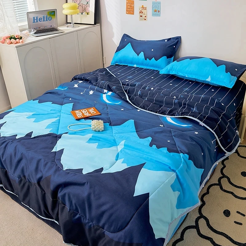 

3pcs/set Summer Quilt Set Blue Star Moon Air Conditioning Comforter+Pillowcases Double Home Bed Blanket For Adult Kids 180*220cm