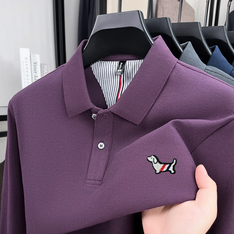 100% pure cotton high-end men's comfortable long sleeved spring and autumn hot selling toothbrush dog badge exquisite polo shirt