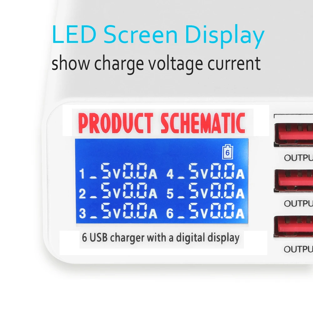 6 Usb charger HUB Fast Charger 6 Port Multiports Charging Station LED Display Screen For Smart Phones