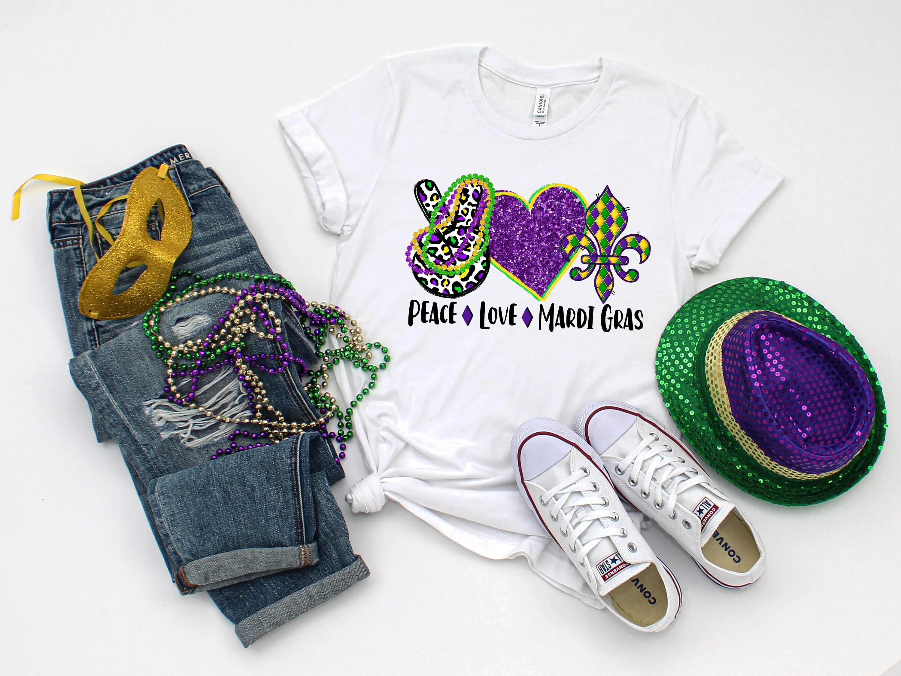 Peace Love Mardi Gras T Shirt Grass Festival New Orleans Fat Tuesday