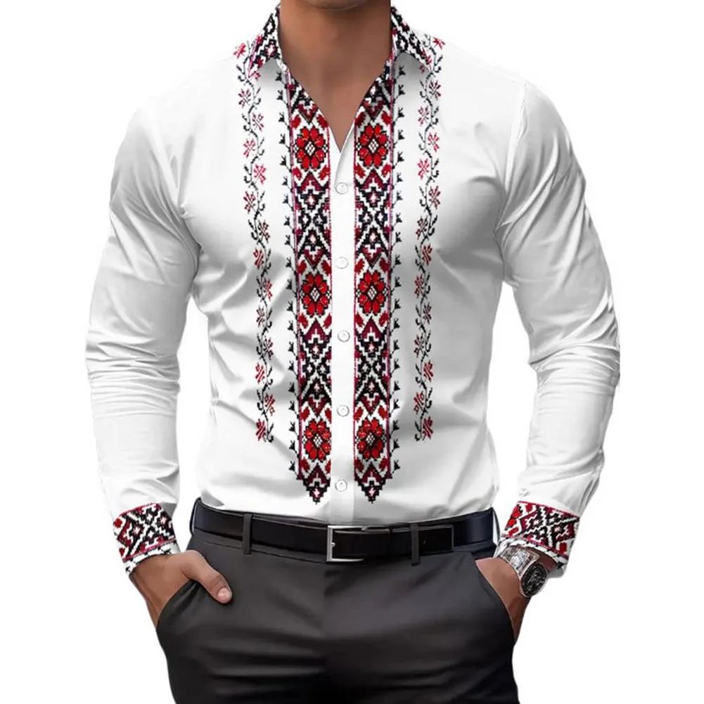 

Ethnic Style Mens Long Sleeve Casual Shirt with Buttoned Collar Vintage Patchwork Shirt for Daily Holiday Events