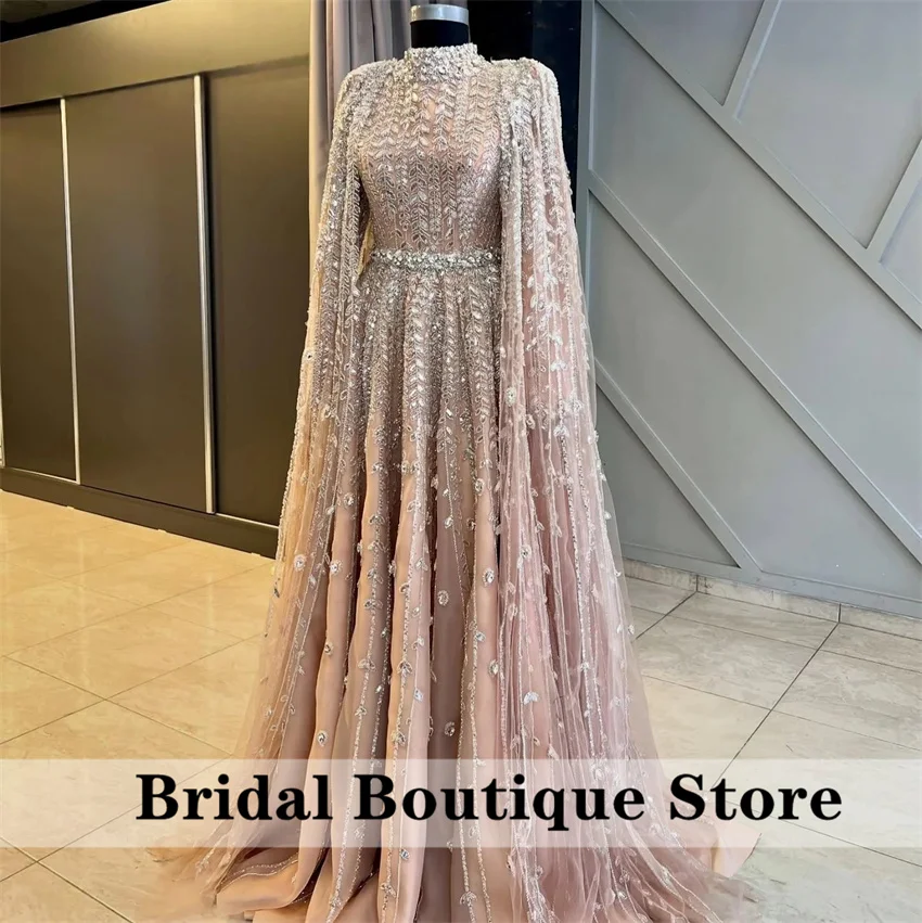Elegant Beading Saudi Arabia Pink Evening Dresses 2025 With Cape Crystals Party Gown فساتين سهرة Prom Dress Customized