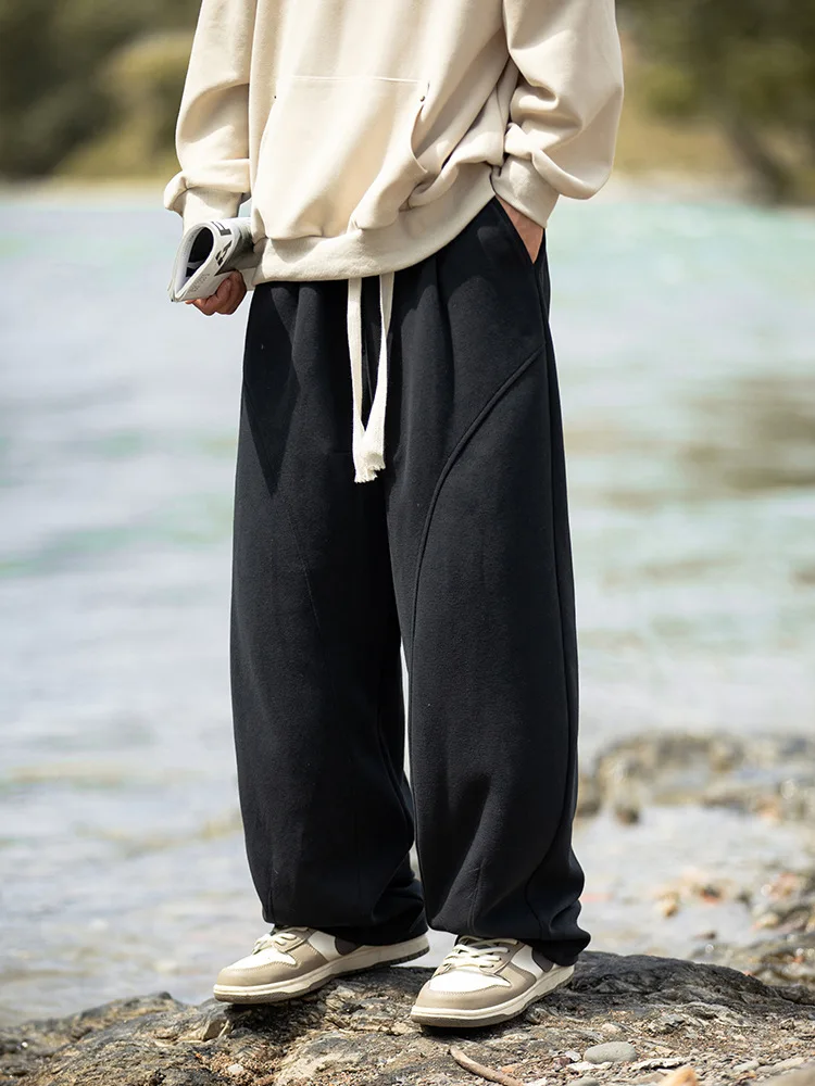 

Cotton Arc Split Design Wide Leg Casual Pants Men Loose Peplum Draped Sweatpants Soft